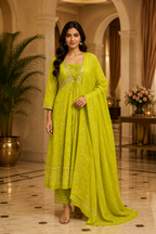 Lime Green Cotton Embellished 3-Piece Set