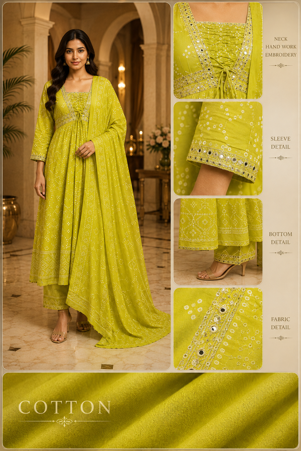 Lime Green Cotton Embellished 3-Piece Set