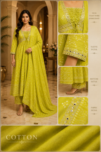 Lime Green Cotton Embellished 3-Piece Set
