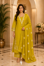 Mustard Yellow Cotton Embroidered 3-Piece Set