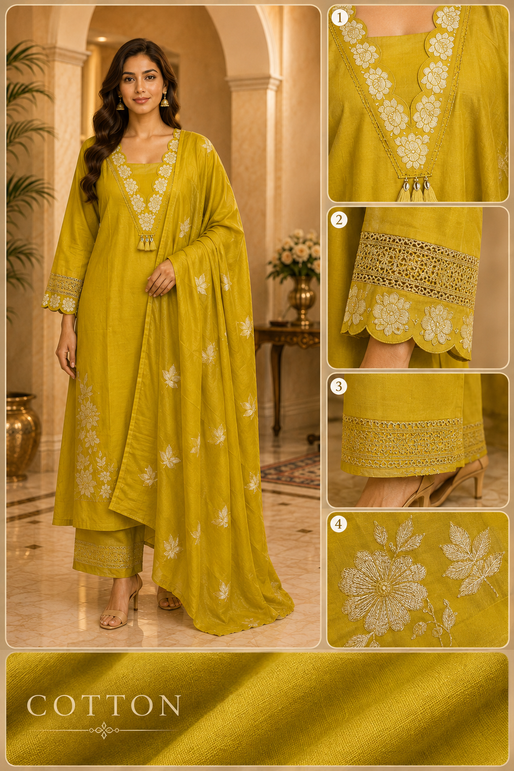 Mustard Yellow Cotton Embroidered 3-Piece Set