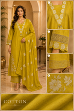 Mustard Yellow Cotton Embroidered 3-Piece Set