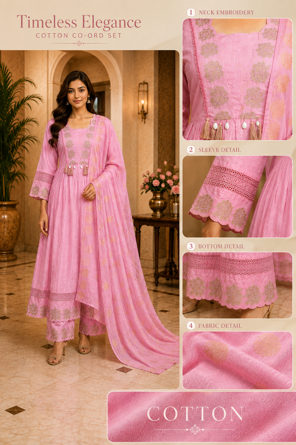 Blush Pink Cotton Embroidered 3-Piece Set