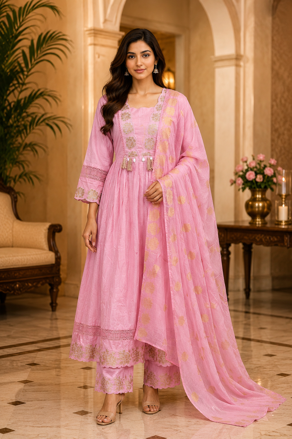 Blush Pink Cotton Embroidered 3-Piece Set