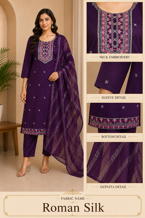 Deep Purple Roman Silk 3-piece kurta set
