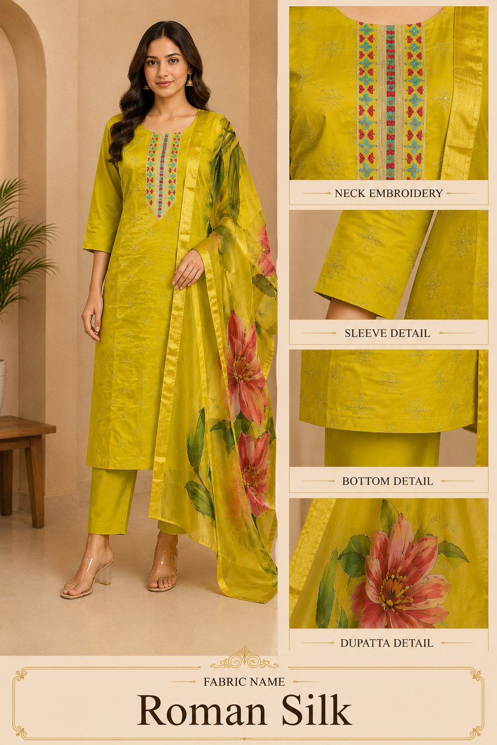 Mustard Yellow Roman Silk 3-piece kurta set