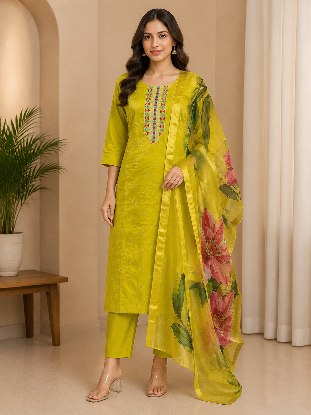 Mustard Yellow Roman Silk 3-piece kurta set