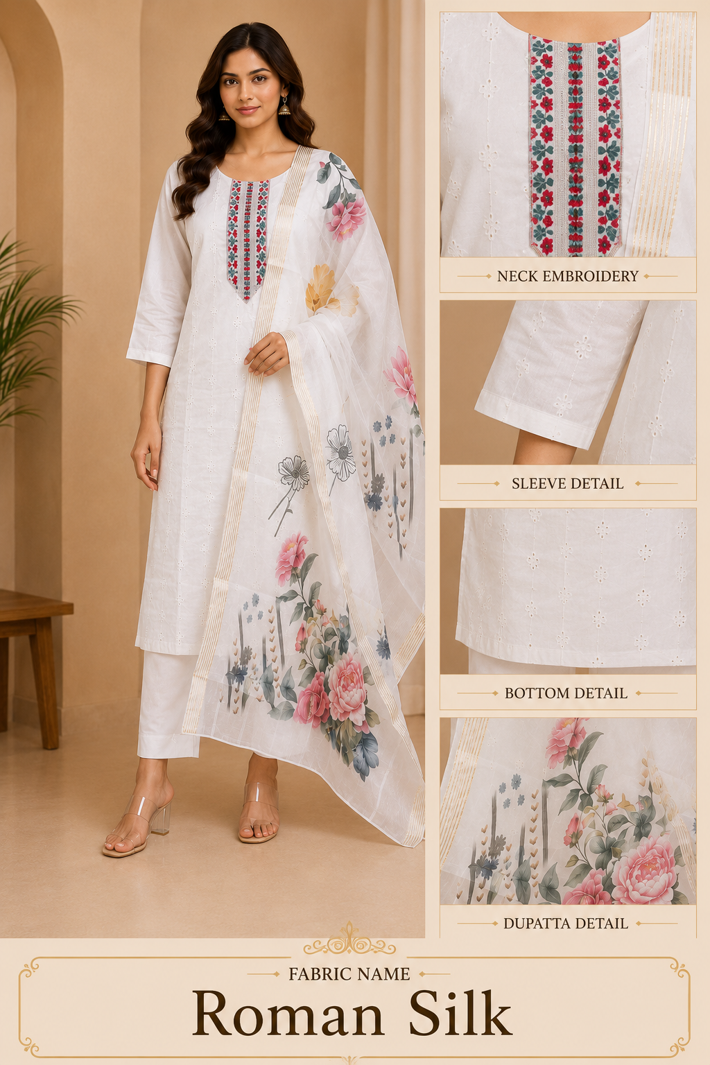 Women's White Roman Silk Embroidered Straight Kurta Set with Floral Printed Dupatta (3-Piece)