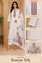 Women's White Roman Silk Embroidered Straight Kurta Set with Floral Printed Dupatta (3-Piece)