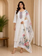 Women's White Roman Silk Embroidered Straight Kurta Set with Floral Printed Dupatta (3-Piece)