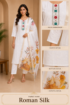 Women's White Roman Silk Embroidered Straight Suit Set with Floral Printed Dupatta (3-Piece)