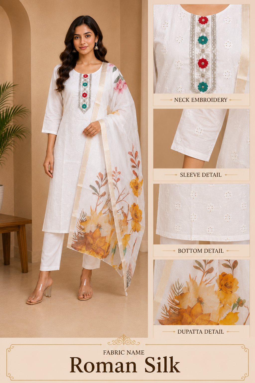 Women's White Roman Silk Embroidered Straight Suit Set with Floral Printed Dupatta (3-Piece)