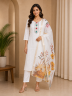 Women's White Roman Silk Embroidered Straight Suit Set with Floral Printed Dupatta (3-Piece)