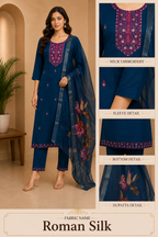 Women's Deep Teal Blue Roman Silk Embroidered Straight Suit Set with Printed Dupatta (3-Piece)