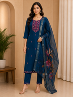Women's Deep Teal Blue Roman Silk Embroidered Straight Suit Set with Printed Dupatta (3-Piece)