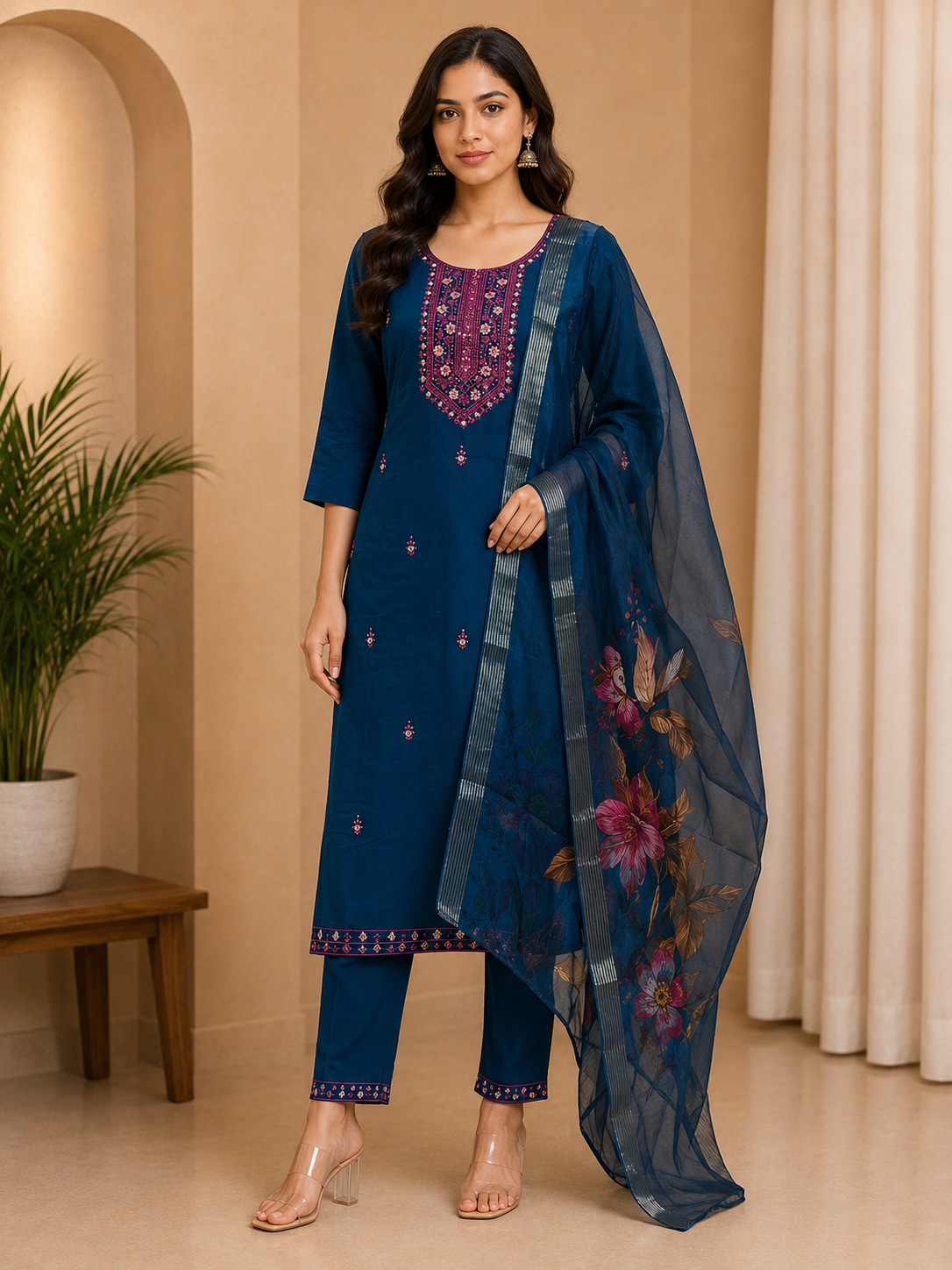 Women's Deep Teal Blue Roman Silk Embroidered Straight Suit Set with Printed Dupatta (3-Piece)