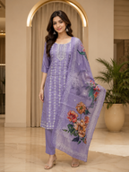 Lavender Dhabu Cotton Straight Suit Set with Printed Dupatta