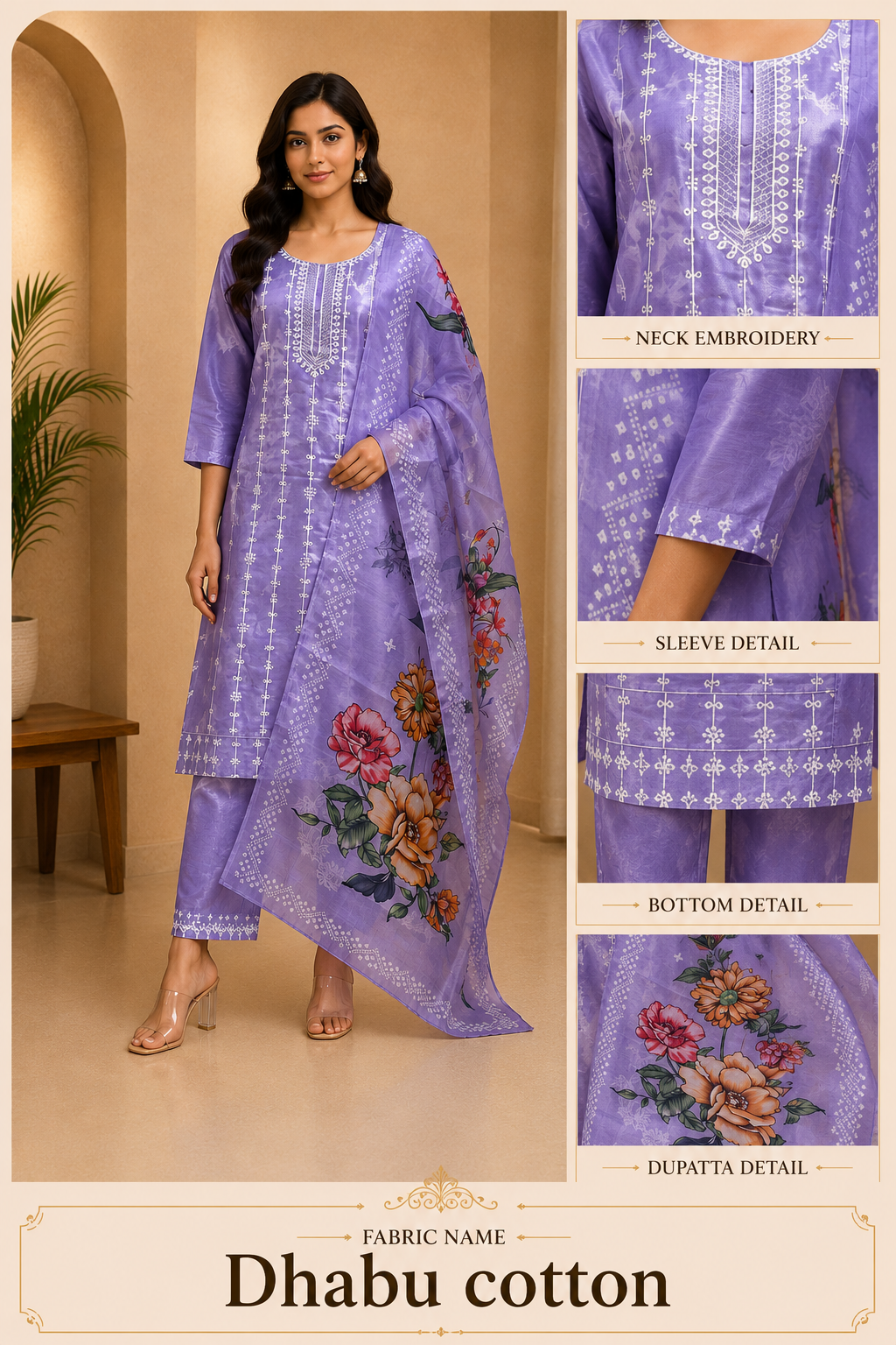 Lavender Dhabu Cotton Straight Suit Set with Printed Dupatta