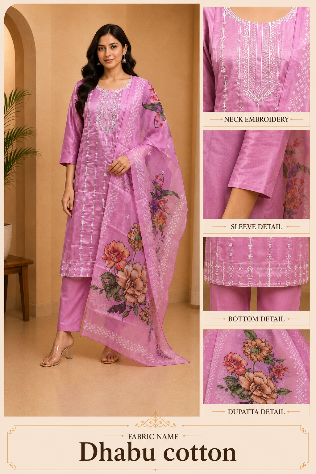 Pink Dhabu Cotton Embroidered Straight Suit Set with Printed Dupatta