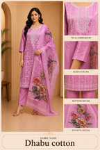 Pink Dhabu Cotton Embroidered Straight Suit Set with Printed Dupatta