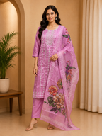 Pink Dhabu Cotton Embroidered Straight Suit Set with Printed Dupatta