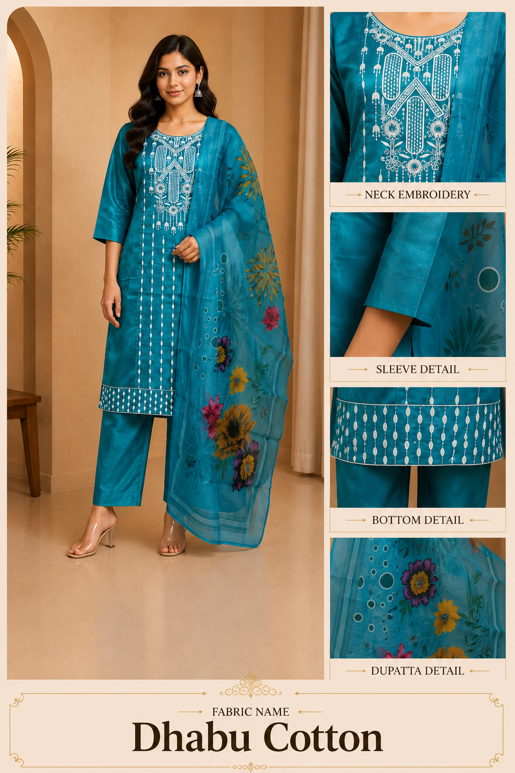 Teal Blue Dhabu Cotton Straight Suit Set with Printed Dupatta