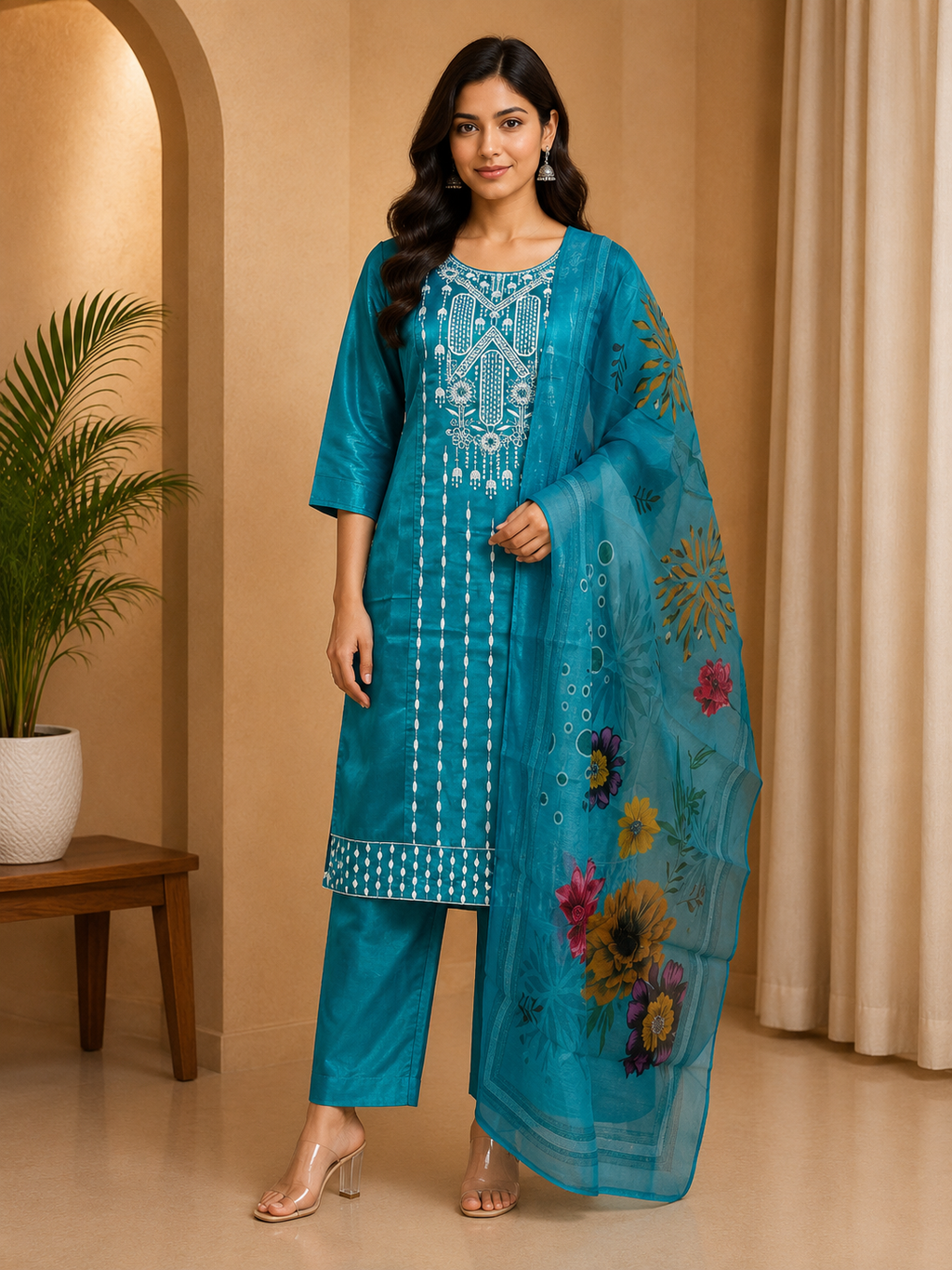 Teal Blue Dhabu Cotton Straight Suit Set with Printed Dupatta