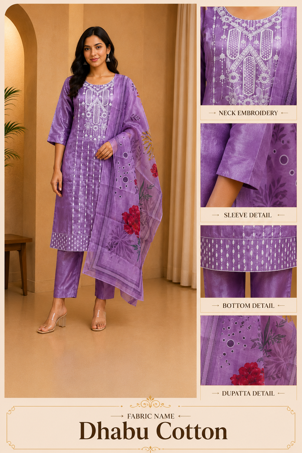 Lavender Purple Dhabu Cotton Straight Suit Set with Printed Dupatta