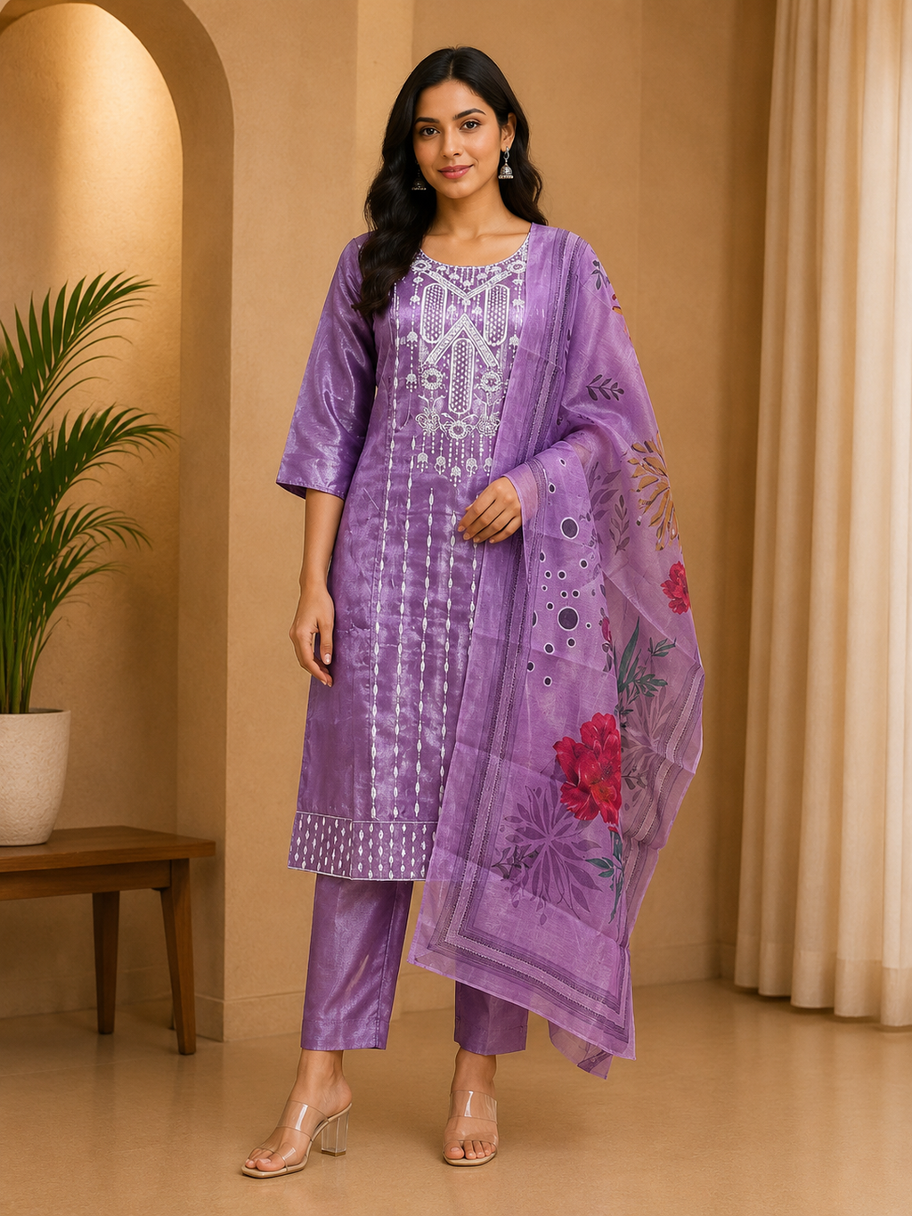 Lavender Purple Dhabu Cotton Straight Suit Set with Printed Dupatta