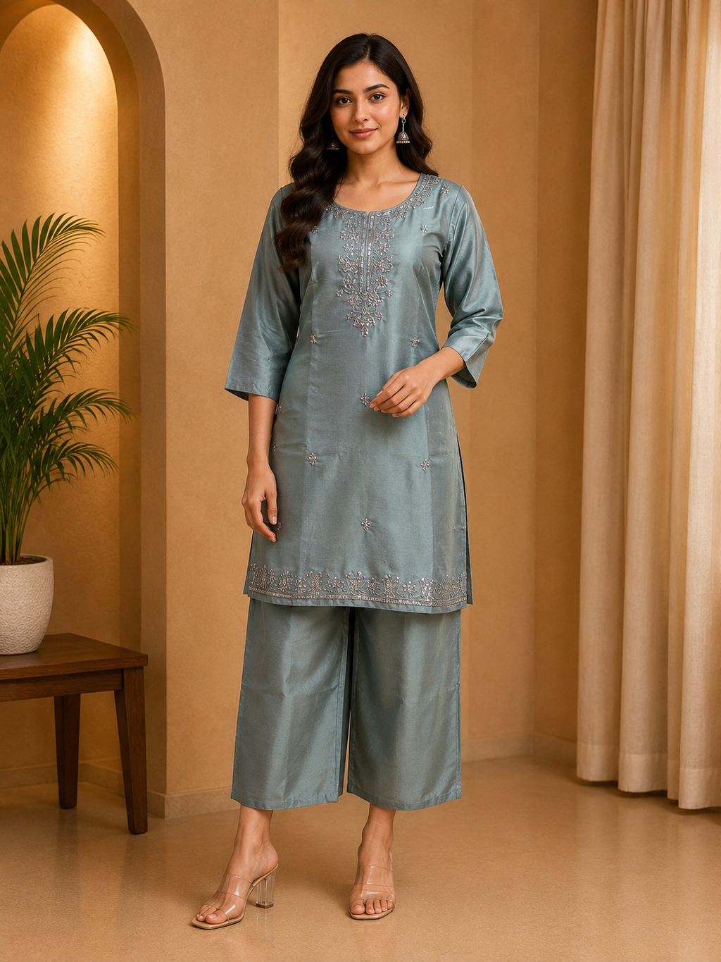 Slate Blue Roman Glass Embroidered Kurta and Palazzo Suit Set