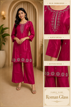 Fuchsia Pink Roman Glass Embroidered Straight Kurti &amp; Pant Set