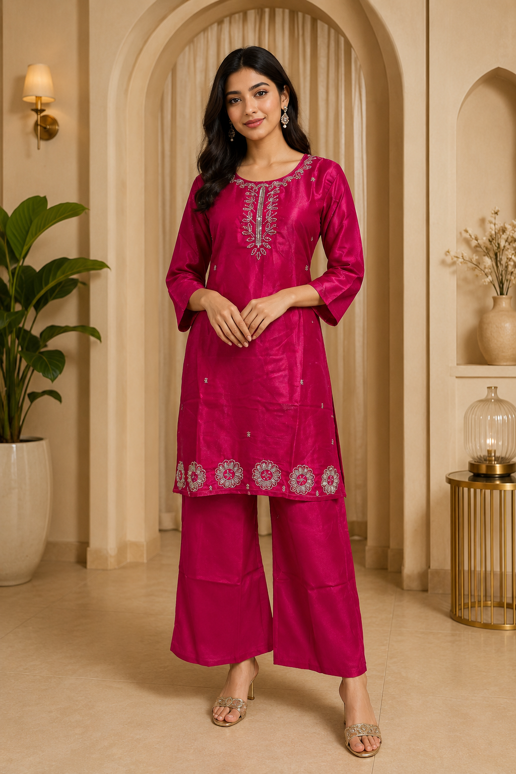 Fuchsia Pink Roman Glass Embroidered Straight Kurti &amp; Pant Set