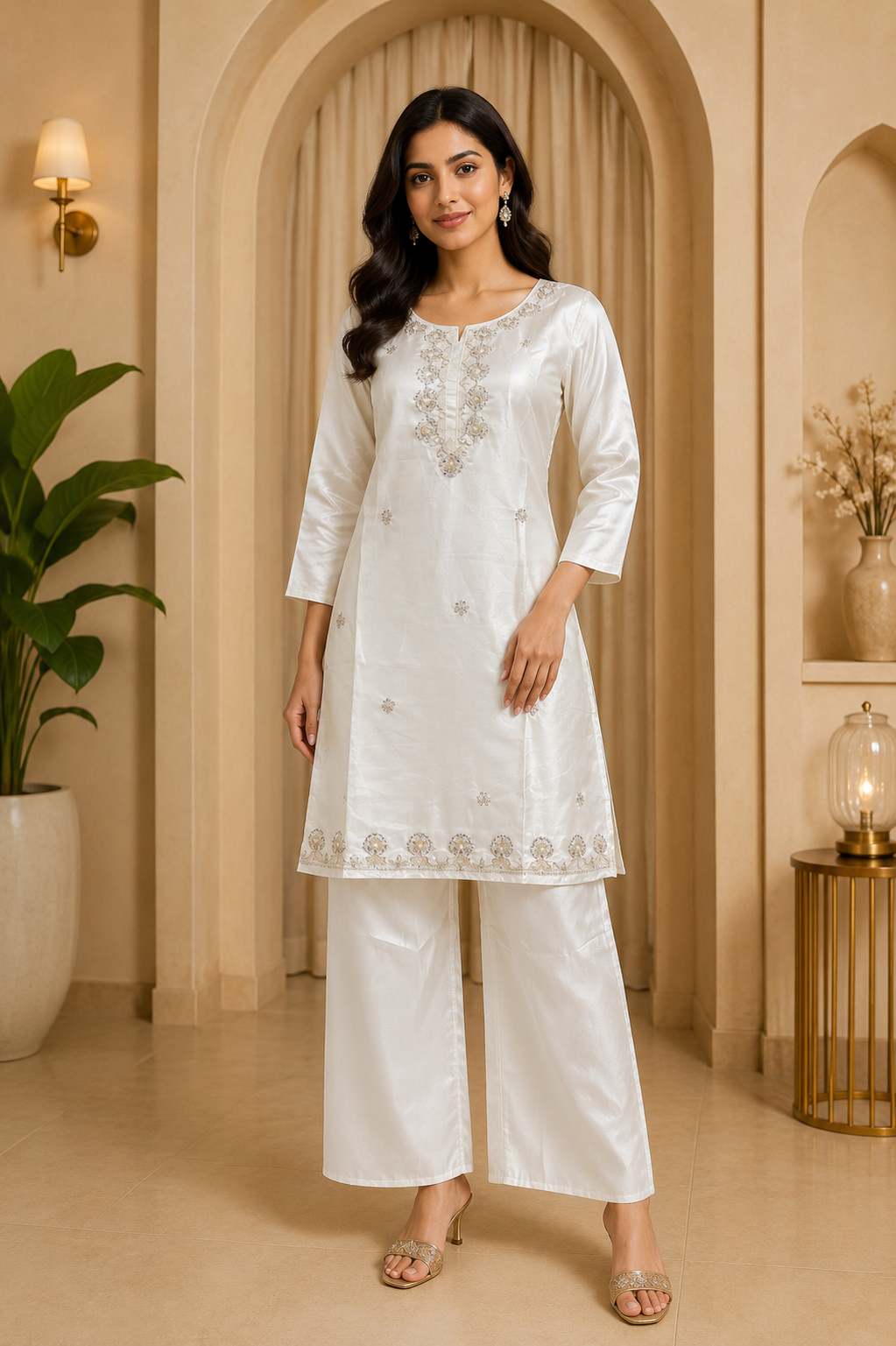 Ivory White Roman Glass Embroidered Straight Kurti &amp; Pant Set