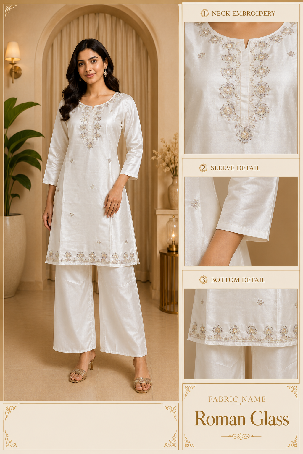 Ivory White Roman Glass Embroidered Straight Kurti &amp; Pant Set
