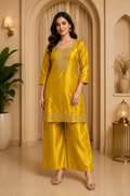 Mustard Yellow Roman Glass Embroidered Straight Kurti &amp; Pant Set