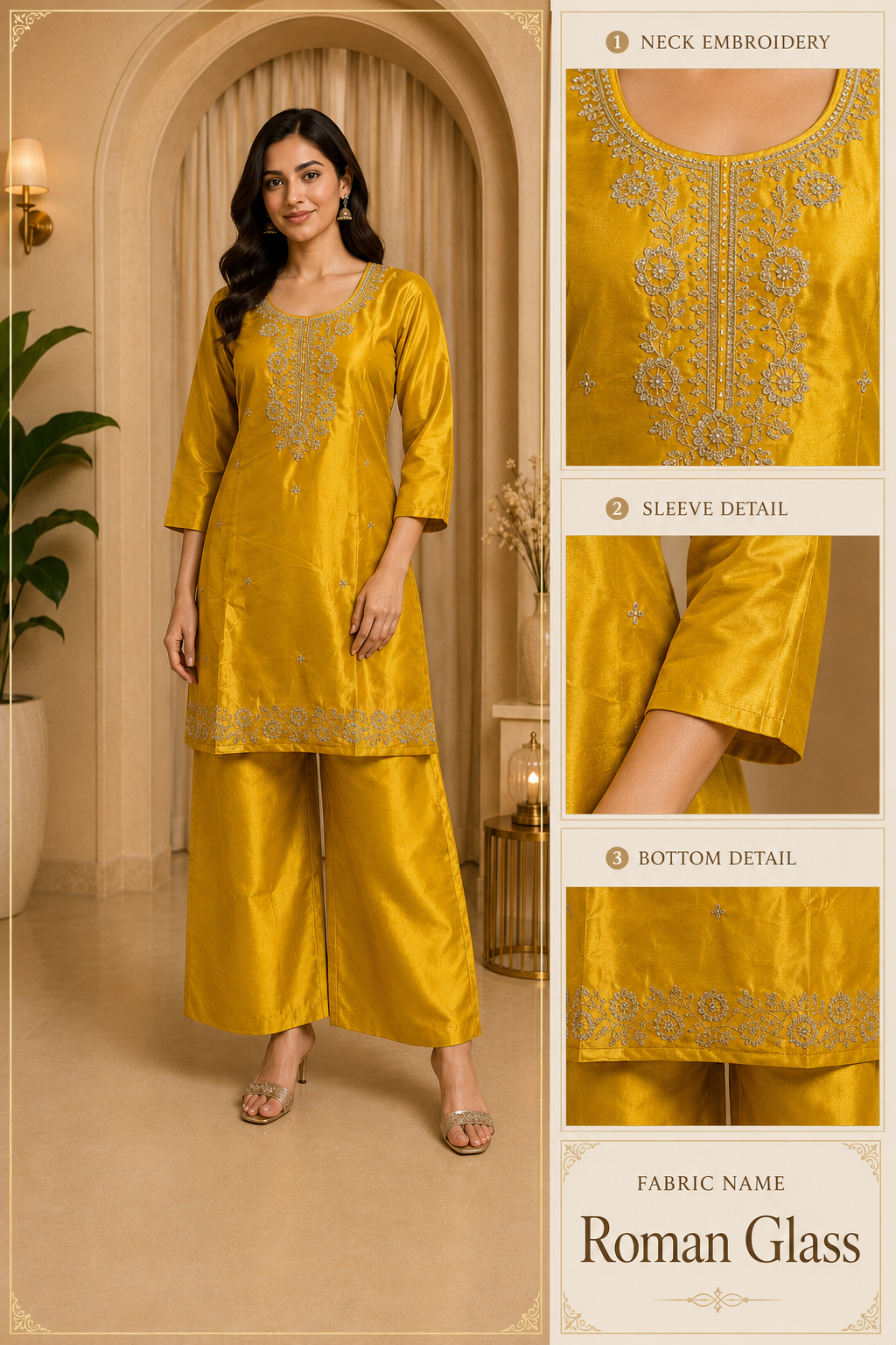 Mustard Yellow Roman Glass Embroidered Straight Kurti &amp; Pant Set