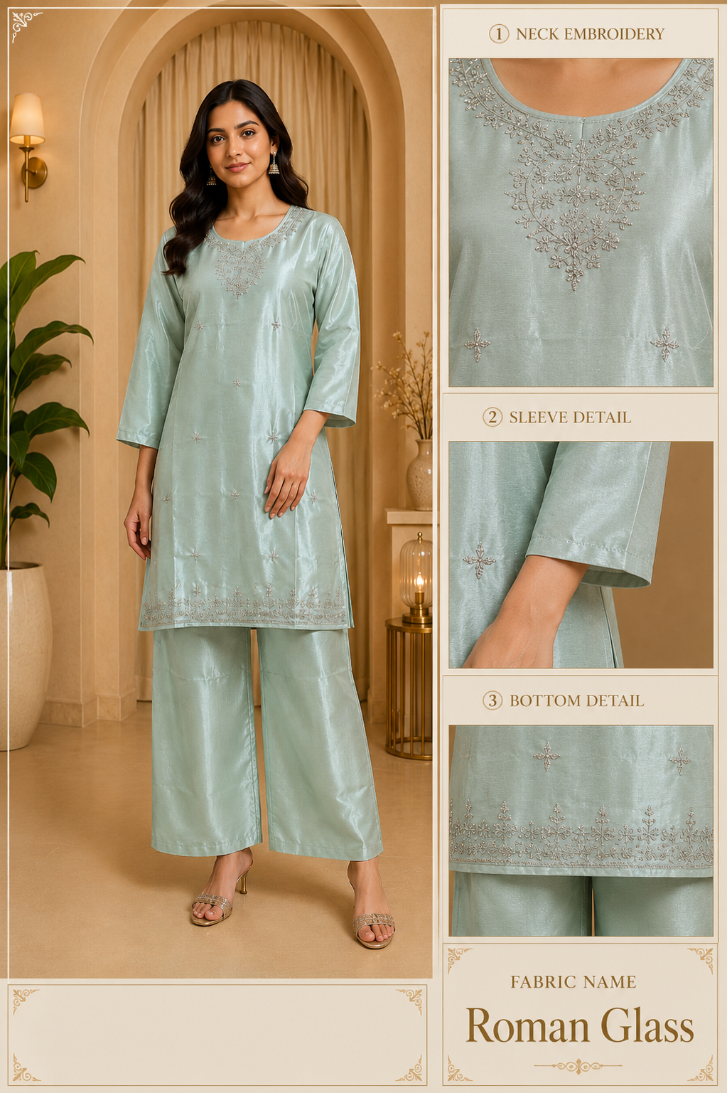 Mint Green Roman Glass Embroidered Straight Kurti &amp; Pant Set