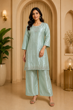 Mint Green Roman Glass Embroidered Straight Kurti &amp; Pant Set