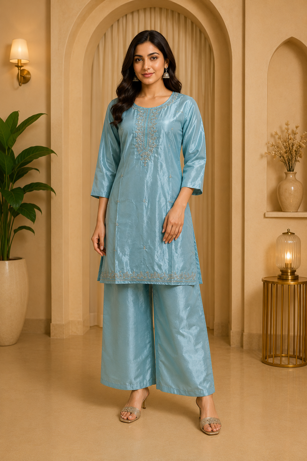 Sky Blue Roman Glass Embroidered 2-Piece Ethnic Kurti &amp; Palazzo Set