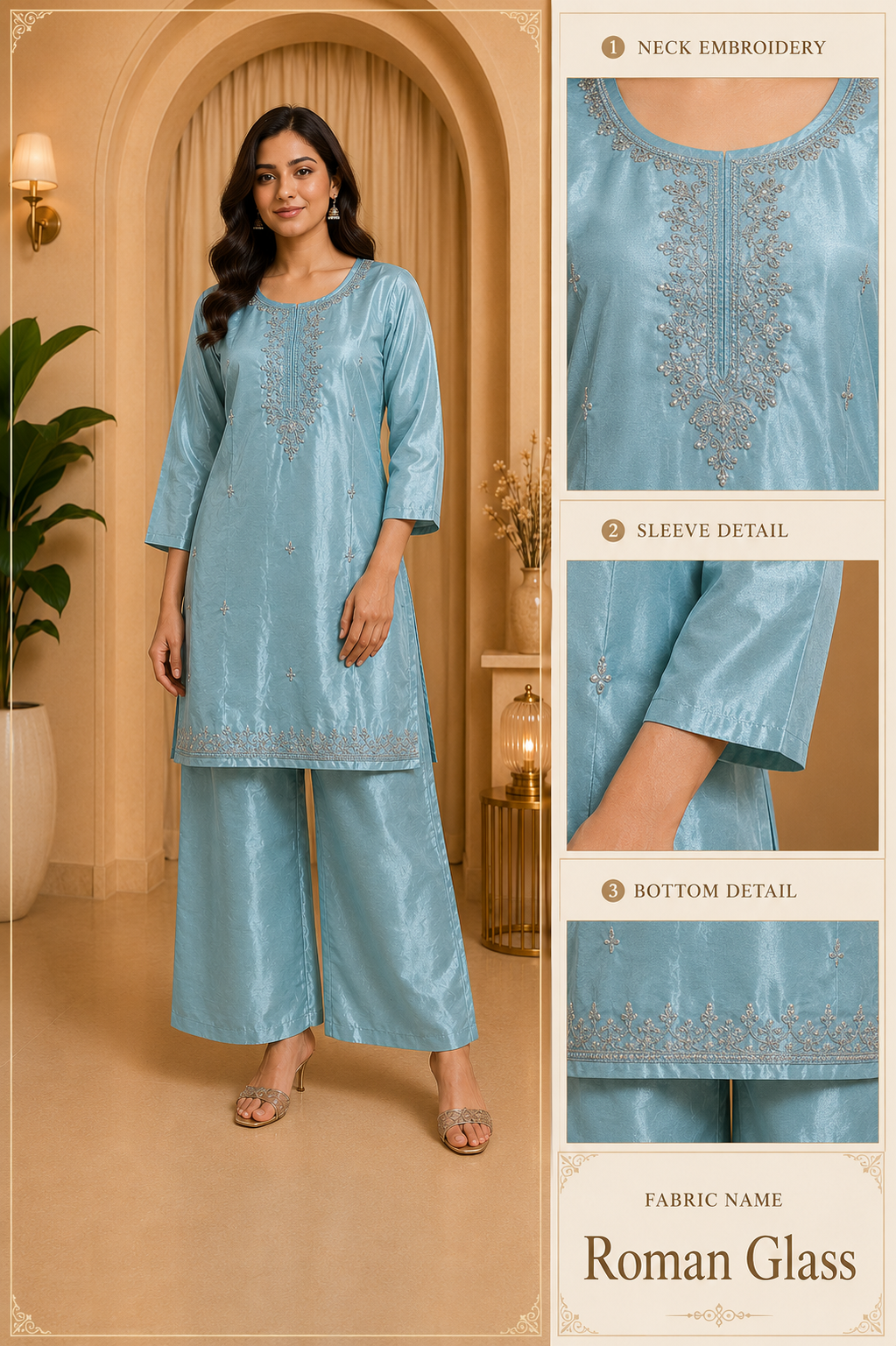 Sky Blue Roman Glass Embroidered 2-Piece Ethnic Kurti &amp; Palazzo Set