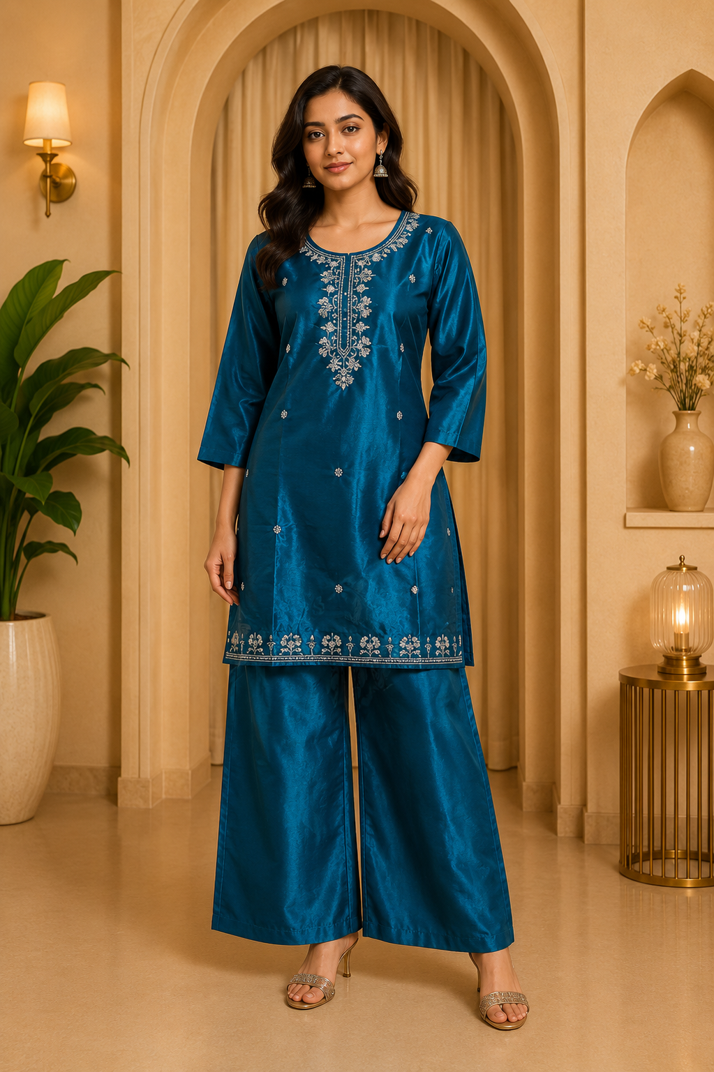 Teal Blue Roman Glass Embroidered 2-Piece Kurti &amp; Pant Set