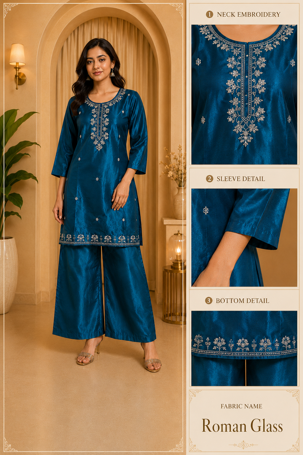 Teal Blue Roman Glass Embroidered 2-Piece Kurti &amp; Pant Set