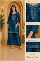 Teal Blue Roman Glass Embroidered 2-Piece Kurti &amp; Pant Set
