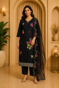 Black Floral Embroidered 3-Piece Ethnic Suit Set with Dupatta – Roman Skill