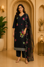 Black Floral Embroidered 3-Piece Ethnic Suit Set with Dupatta – Roman Skill