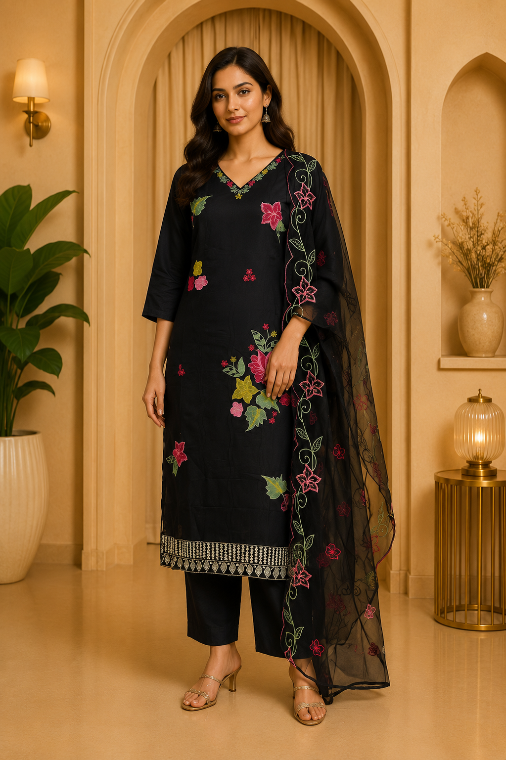 Black Floral Embroidered 3-Piece Ethnic Suit Set with Dupatta – Roman Skill
