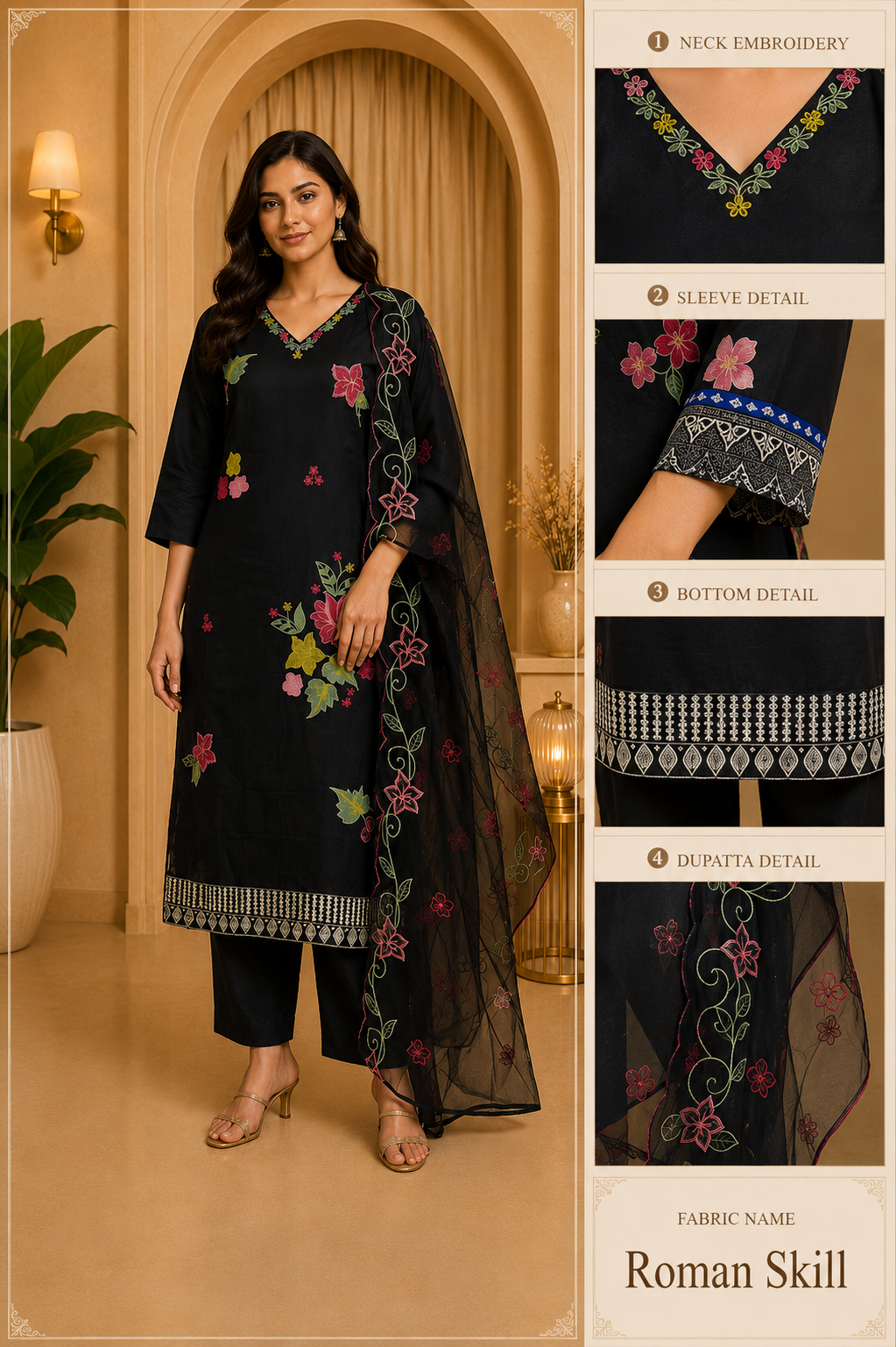 Black Floral Embroidered 3-Piece Ethnic Suit Set with Dupatta – Roman Skill