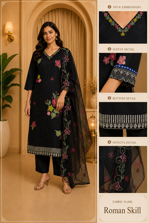 Black Floral Embroidered 3-Piece Ethnic Suit Set with Dupatta – Roman Skill