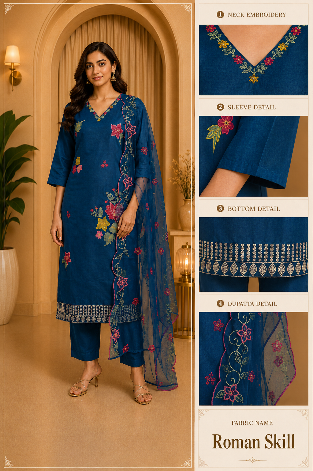 Teal Blue Floral Embroidered 3-Piece Ethnic Suit Set with Dupatta – Roman Skill
