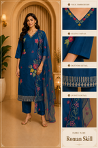 Teal Blue Floral Embroidered 3-Piece Ethnic Suit Set with Dupatta – Roman Skill